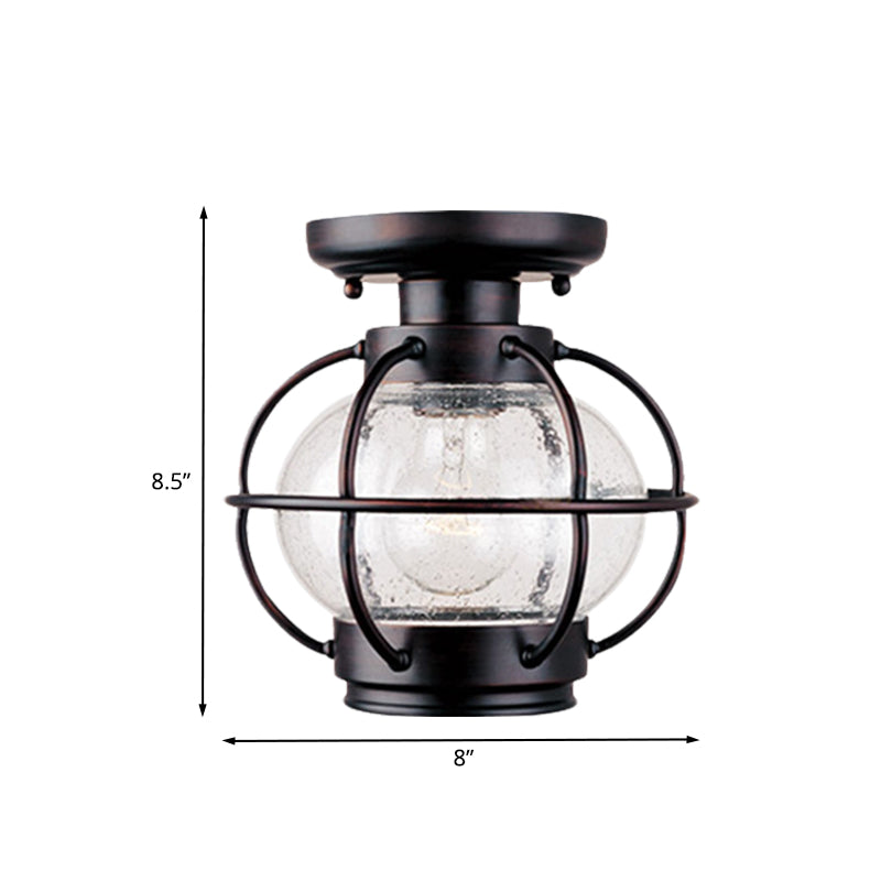 Lantern Bubble Glass Semi Flush Rural 1 Head Outdoor Flush Mount in Coffee with Metal Cage