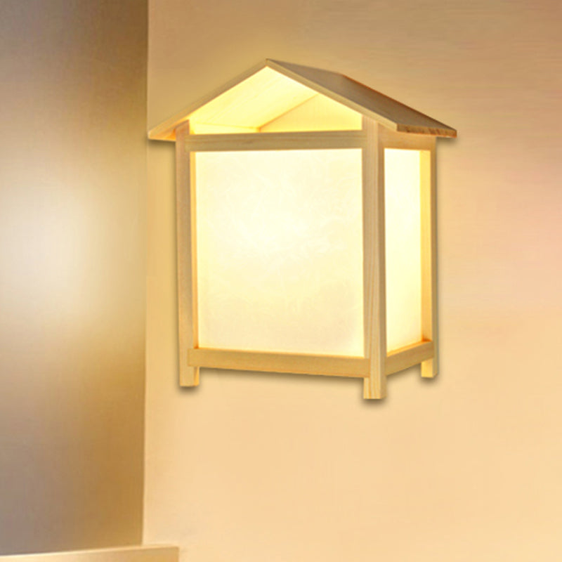 Japanese-Style 1 Light Sconce Lamp Fixture with Parchmyn Shade Wood House Shape Wall Light