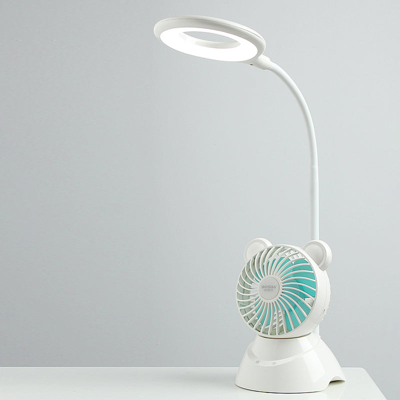 Halo Ring Flexibele LED -studie Licht Macaron Plastic Kids Room Desk Lamp met mini -ventilator in het wit