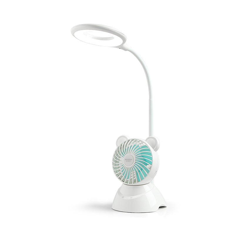 Halo Ring Flexibele LED -studie Licht Macaron Plastic Kids Room Desk Lamp met mini -ventilator in het wit
