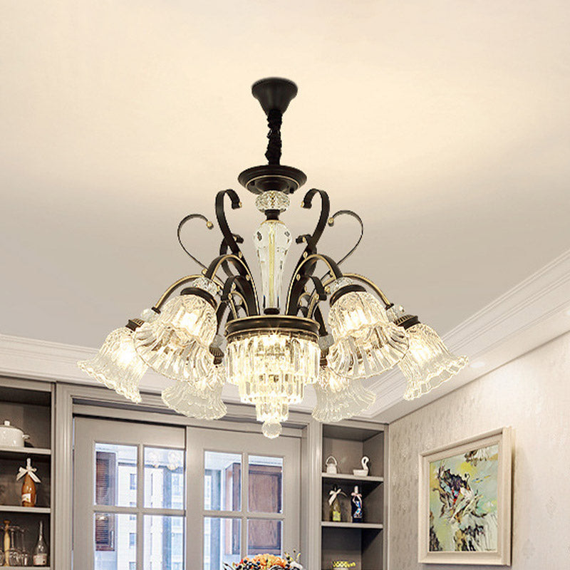 6/8 Heads Clear Glass Chandelier Countryside Black Bell Living Room Ceiling Suspension Lamp