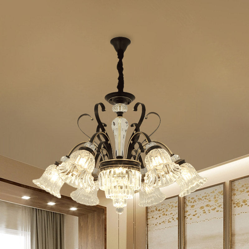6/8 Heads Clear Glass Chandelier Countryside Black Bell Living Room Ceiling Suspension Lamp
