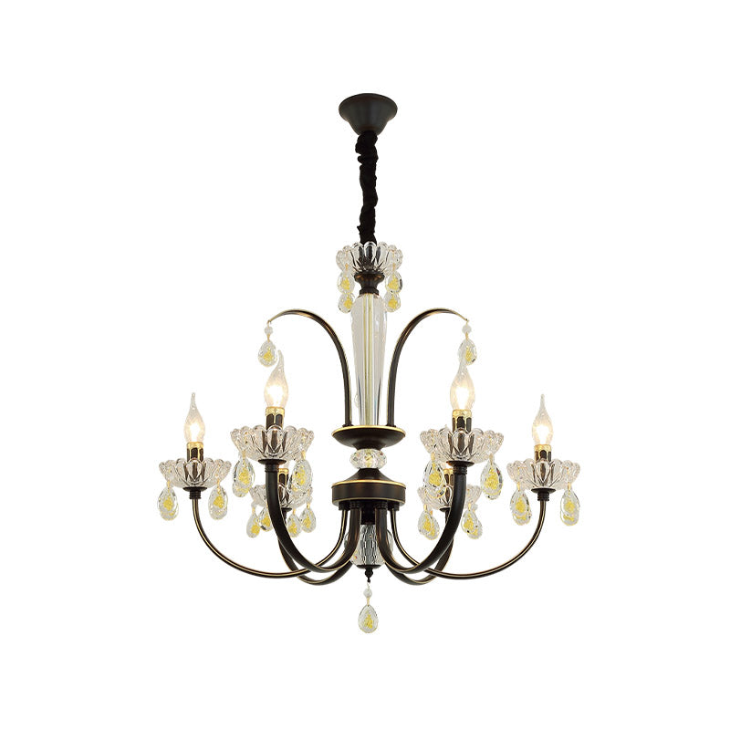 Retro Swooping Arm Candle Chandelier 6/8-Bulb Iron Hanging Light with Crystal Accent in Black and Gold