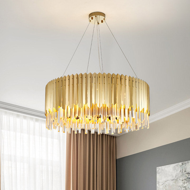 Finition en or Drum Chandelier Light Postmodern Crystal Strip 6 Heads Dining Table Table Plafond Pendant