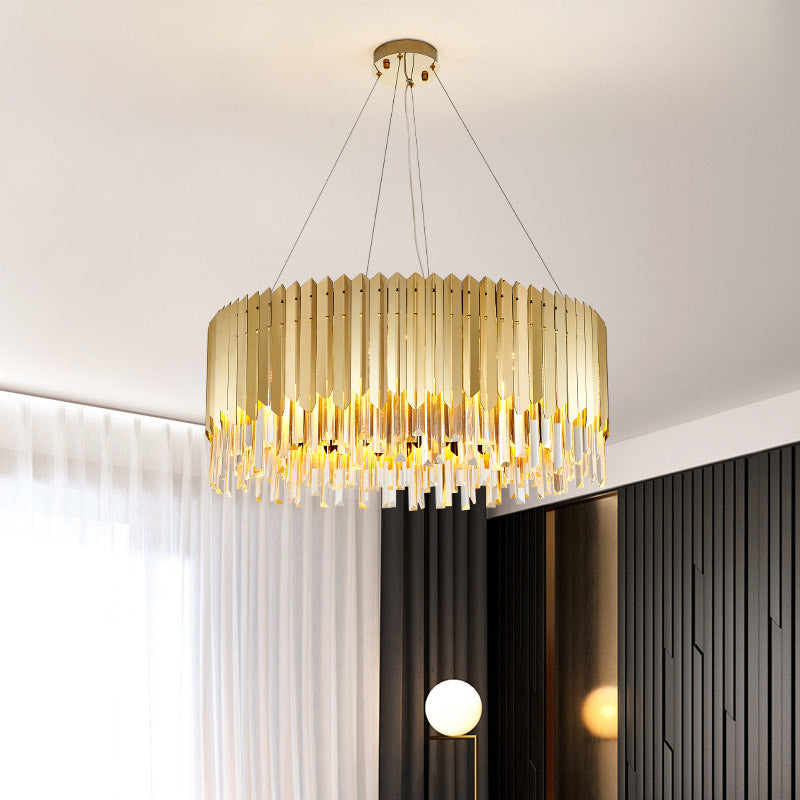 Finition en or Drum Chandelier Light Postmodern Crystal Strip 6 Heads Dining Table Table Plafond Pendant