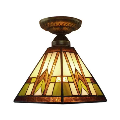Mission Ceiling Light, Pyramid Semi Flush Mount Light in Antique Brass with Art Glass Shade for Hallway