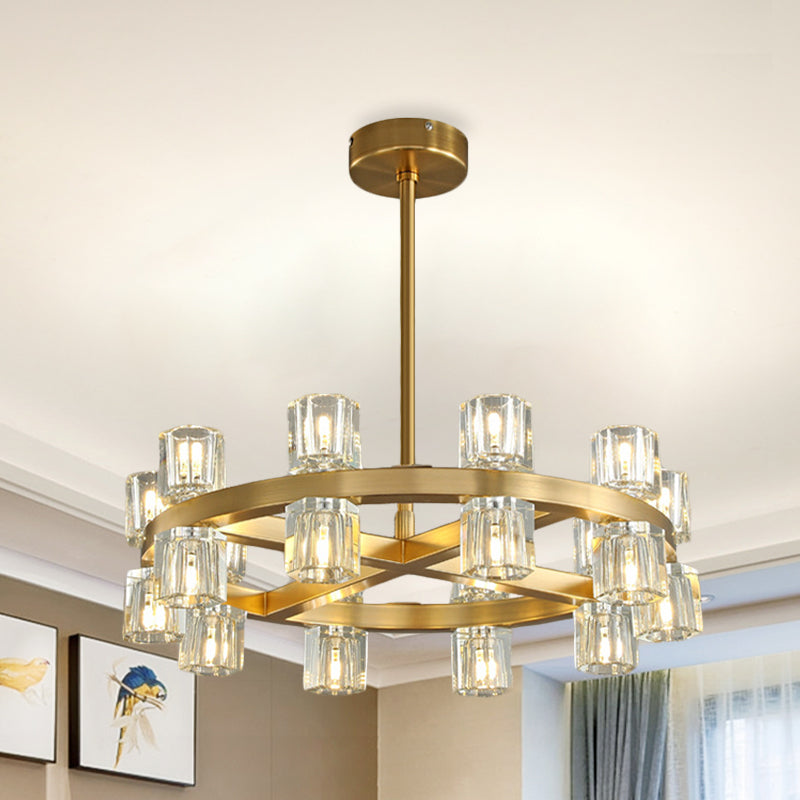 Brass Crossed Circle Chandelier Postmodern Crystal Prism 20-Light Bedroom Suspension Light