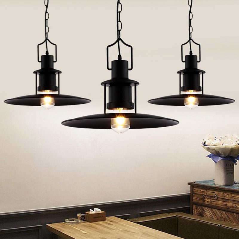 Flat Cone Shade Metal Pendant Light Industrial 1 Light Dining Room Hanging Fixture in Black, 16" Width