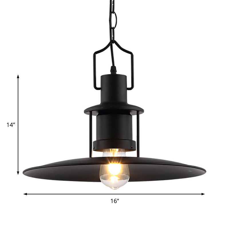 Flat Cone Shade Metal Pendant Light Industrial 1 Light Dining Room Hanging Fixture in Black, 16" Width