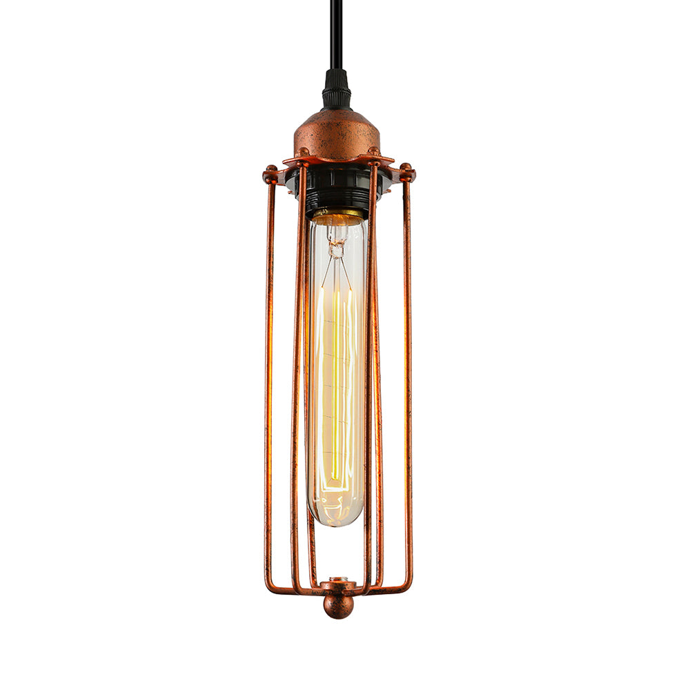 Dark Rust Tube Pendant Lighting Vintage Style Metallic 1 Bulb Kitchen Hanging Lamp with Wire Guard