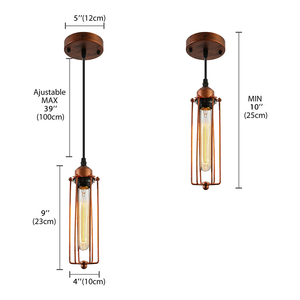 Dark Rust Tube Pendant Lighting Vintage Style Metallic 1 Bulb Kitchen Hanging Lamp with Wire Guard