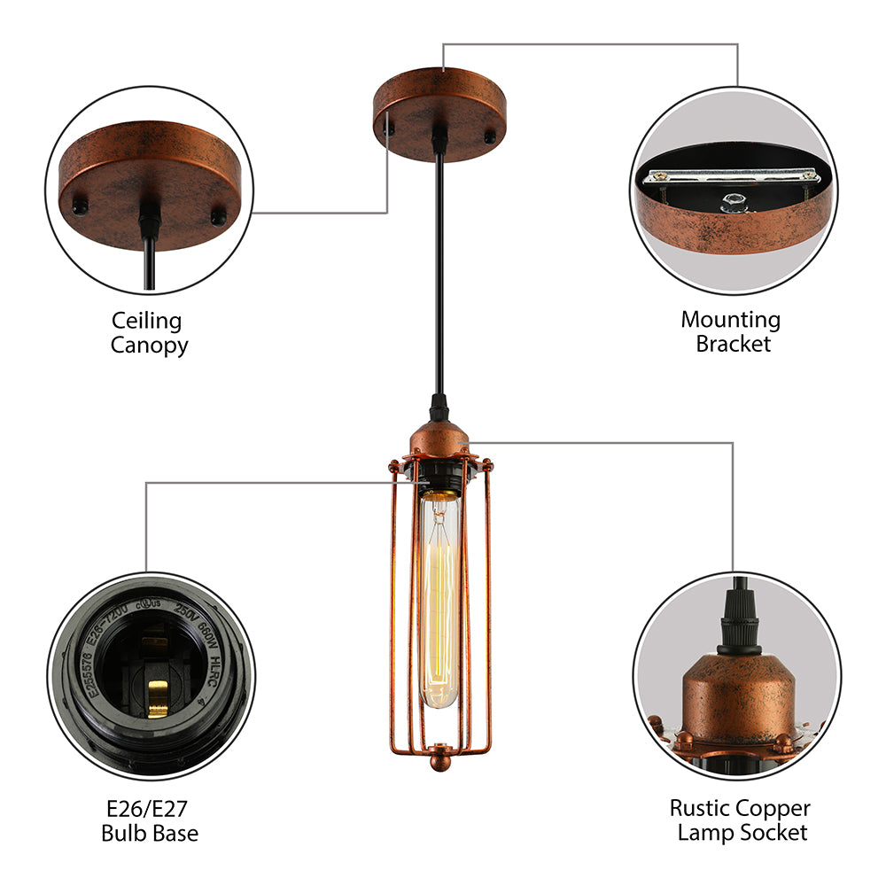 Dark Rust Tube Pendant Lighting Vintage Style Metallic 1 Bulb Kitchen Hanging Lamp with Wire Guard