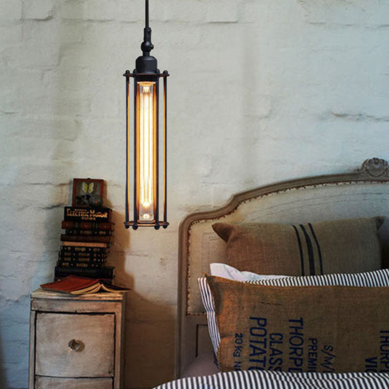 Wire Guard Metal Hanging Pendant Light Industrial 1 Bulb Bedroom Pendant Lamp with Tube Shade in Black
