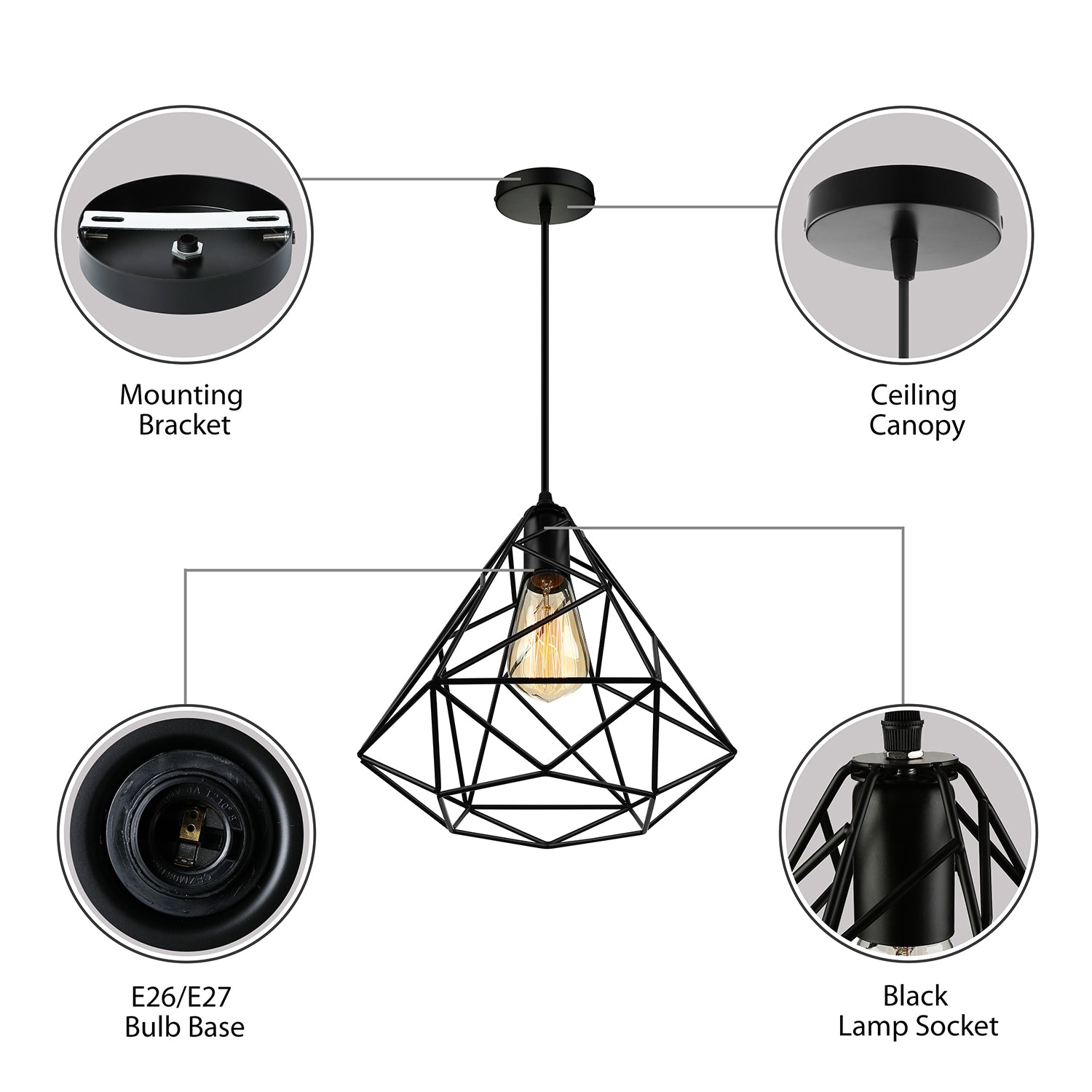 Open Cage Metallic Hanging Ceiling Light Retro Loft 1 Head Dining Room Ceiling Pendant Light in Black