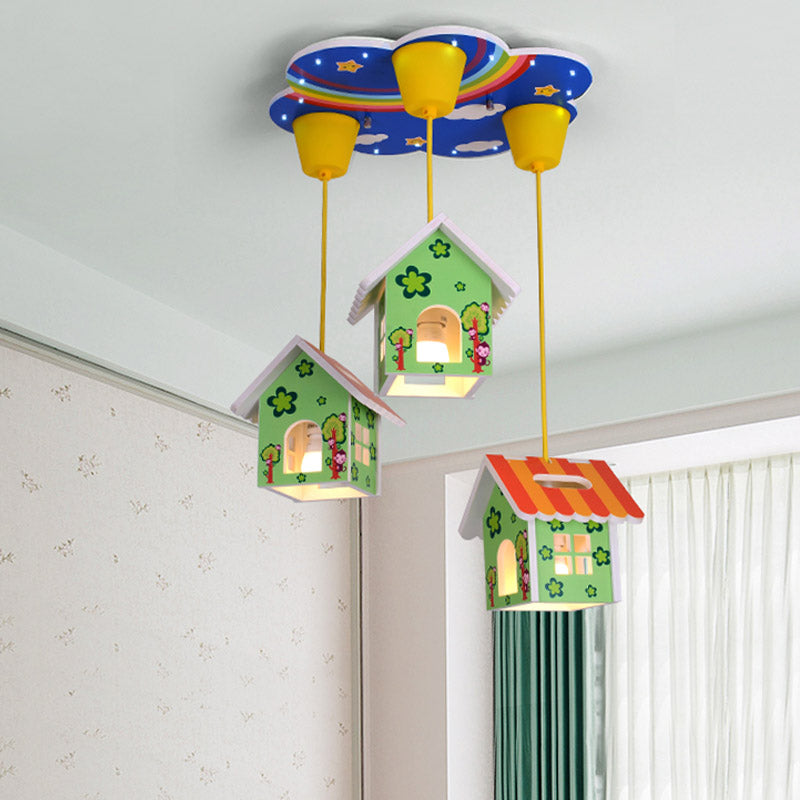Kids Style 3/6-Light Flush Light Fixture White Rabbit/Blue Plane/Green House Ceiling Lighting with Plastic Shade