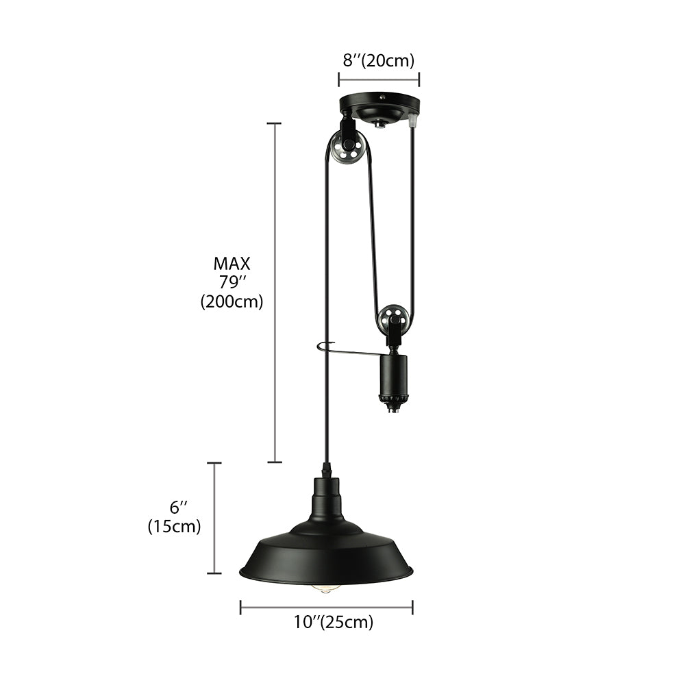 Farmhouse Pulley Pendant Light with Barn Shade 1 Bulb Metallic Hanging Lamp in Black for Kitchen
