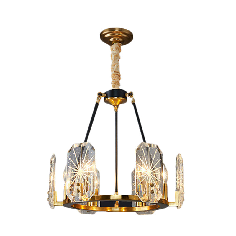 Circular Crystal Panels Chandelier Postmodern 6 Heads Living Room Hanging Lamp in Gold