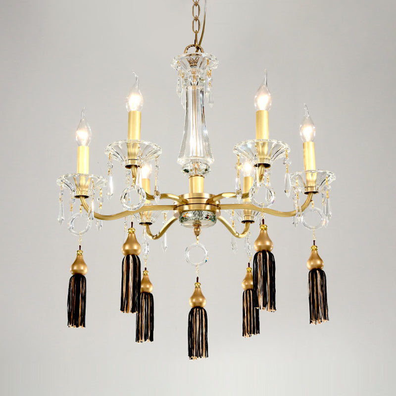 Brass Candlestick Chandelier Lamp Traditional Crystal 6-Light Dining Table Pendant Light with Tassel