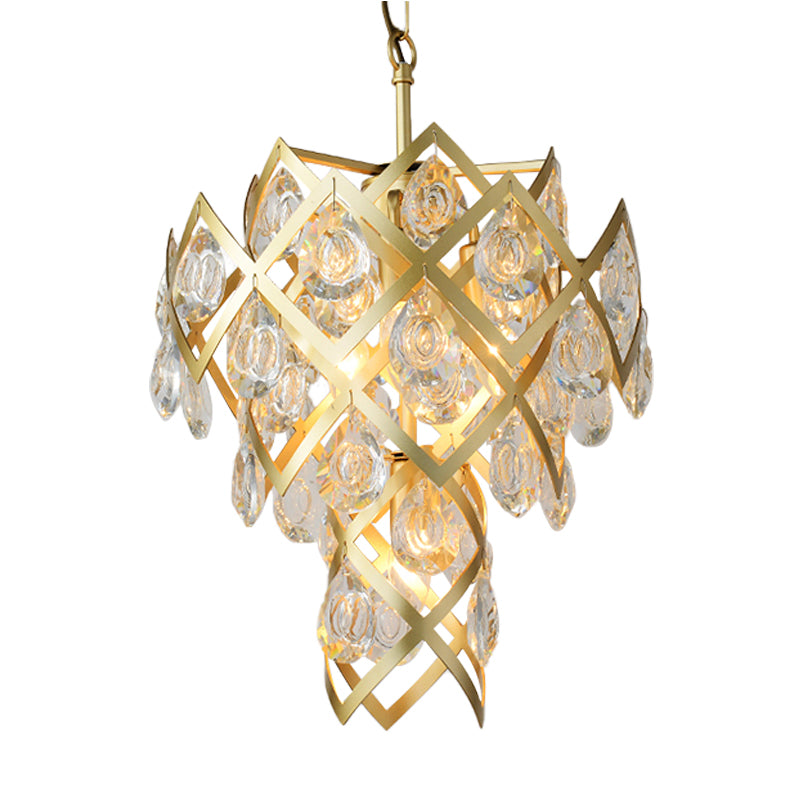Mid Century Crisscrossed Chandelier 4 Lights Faceted Crystal Drip Pendant Light in Gold
