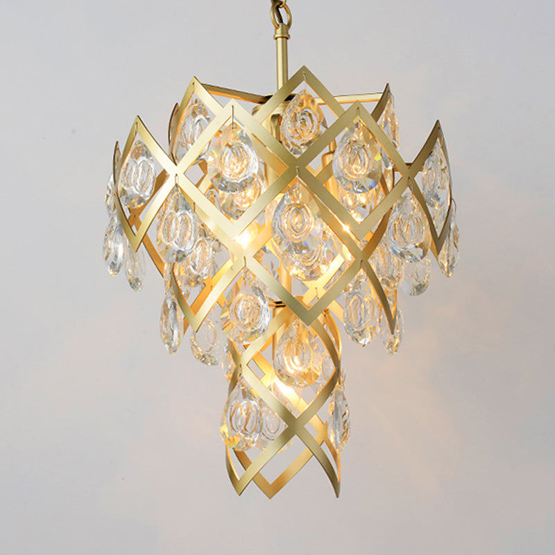 Mid Century Crisscrossed Chandelier 4 Lights Faceted Crystal Drip Pendant Light in Gold