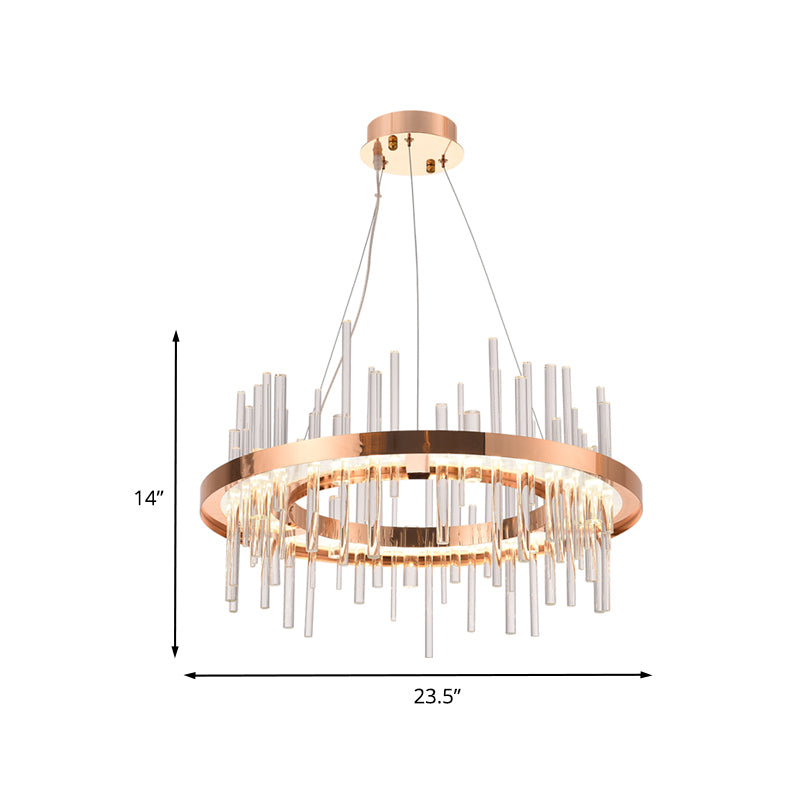 Rose Gold Circle Ceiling Suspension Lamp Modern Crystal Strip Bedroom LED Chandelier