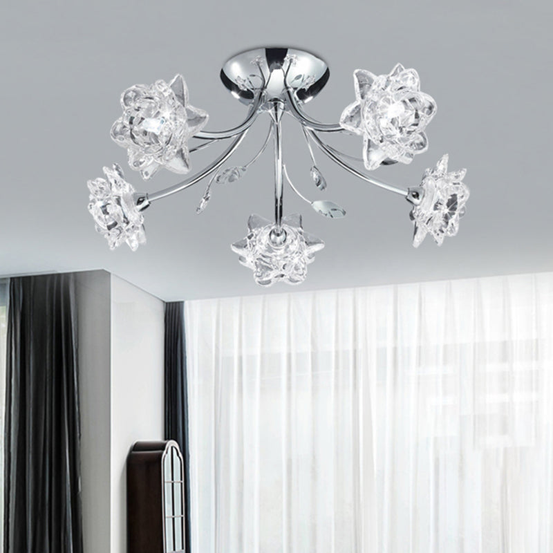 Polished Chrome 5-Head Semi Flush Modern Stylish Crystal Flower Blossom Ceiling Mount Chandelier