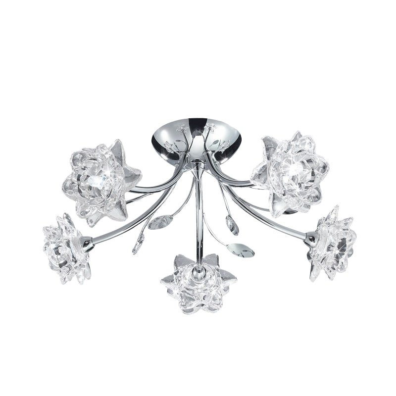 Polished Chrome 5-Head Semi Flush Modern Stylish Crystal Flower Blossom Ceiling Mount Chandelier