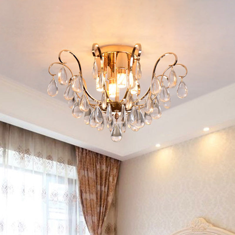 Gold Scroll Flush Mount Chandelier Vintage Crystal Droplet 4-Bulb Hotel Ceiling Light Fixture