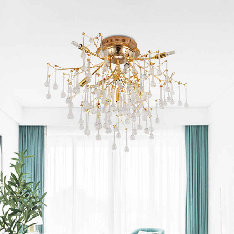 Cascade Bedroom Semi Flush Light Traditional Crystal Drip 10-Head Gold Ceiling Mount Lamp