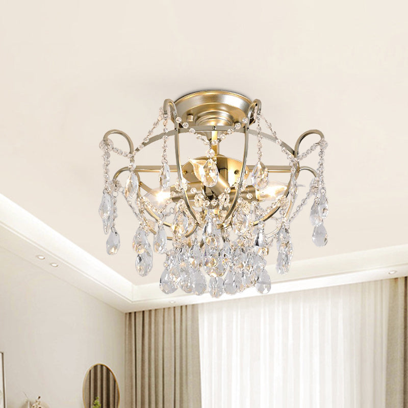 Goldene Schüssel Käfig Deckenleuchte Vintage Kristallstrang 4 Lichter Lounge Semi Flush Mount Light