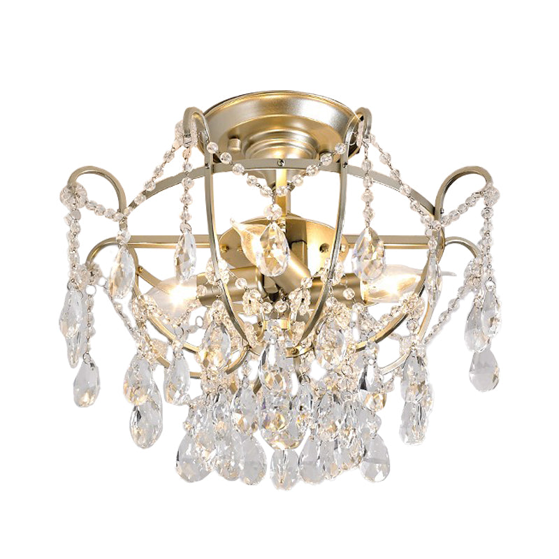 Goldene Schüssel Käfig Deckenleuchte Vintage Kristallstrang 4 Lichter Lounge Semi Flush Mount Light