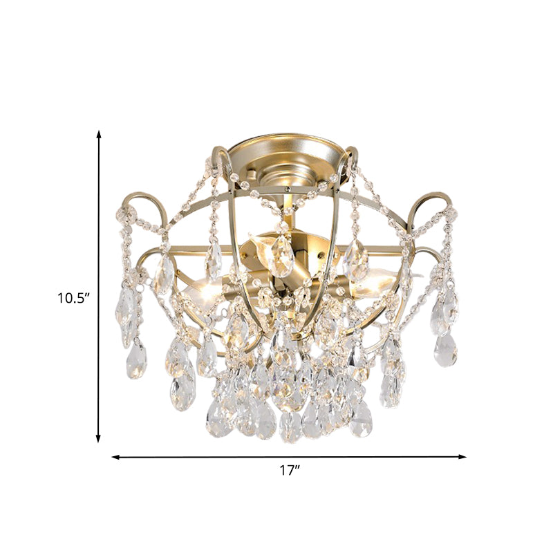 Goldene Schüssel Käfig Deckenleuchte Vintage Kristallstrang 4 Lichter Lounge Semi Flush Mount Light