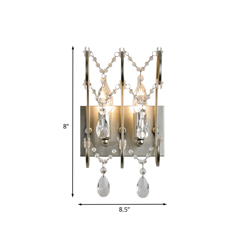 2-Light Crystal Strand Sconce Contemporary Silver Rod Bedroom Wall Mount Light Fixture