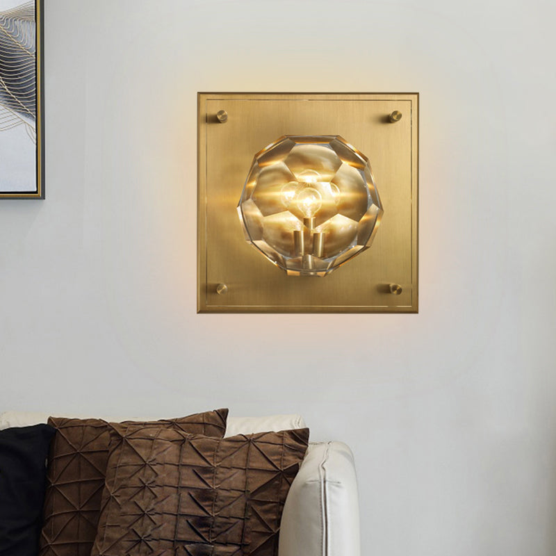 Bol en cristal en facette lampe murale du milieu du milieu du siècle 1 application de salon légère avec plaque arrière carrée en bronze