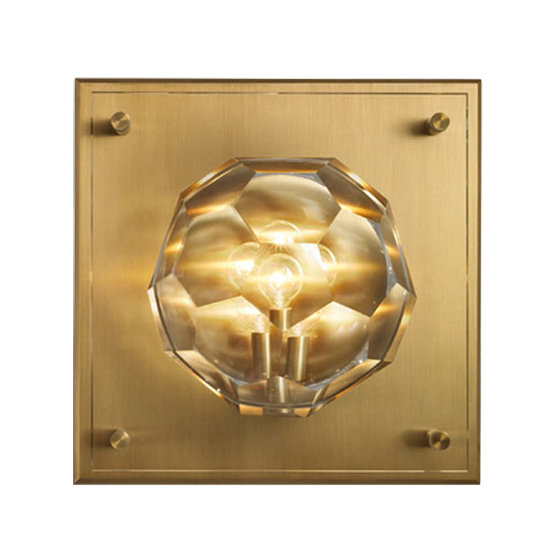 Bol en cristal en facette lampe murale du milieu du milieu du siècle 1 application de salon légère avec plaque arrière carrée en bronze
