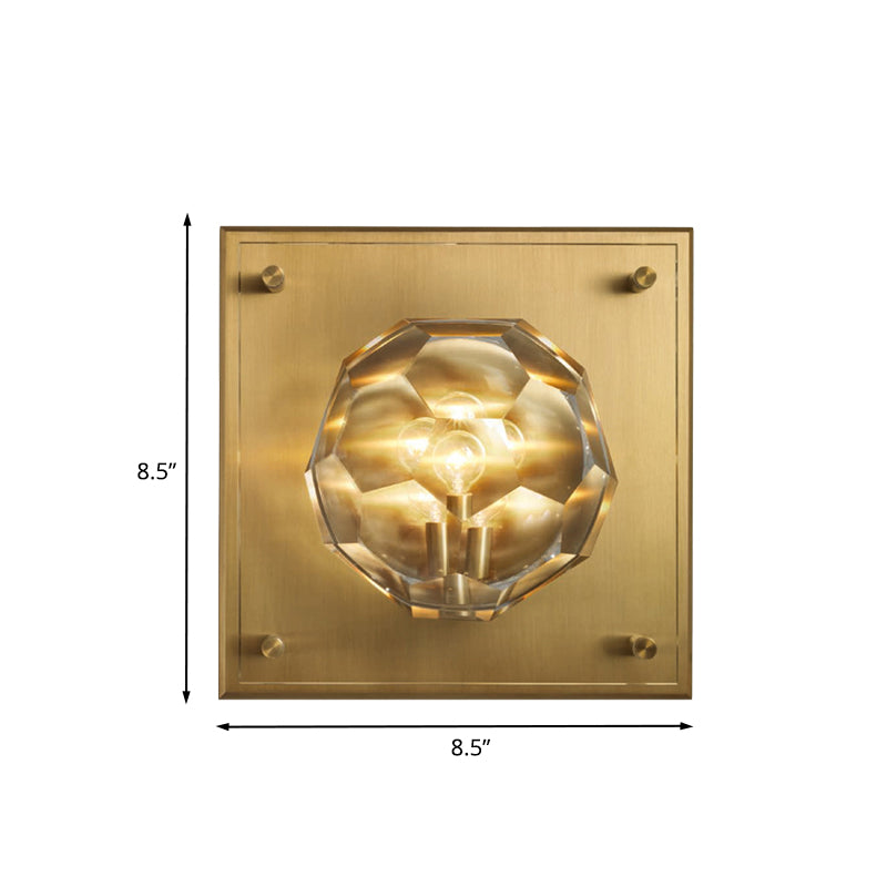 Bol en cristal en facette lampe murale du milieu du milieu du siècle 1 application de salon légère avec plaque arrière carrée en bronze