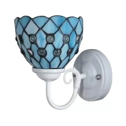Tiffany Bead Wall Sconce with Blue Glass Shade Single Light Mini Wall Lamp for Bedroom