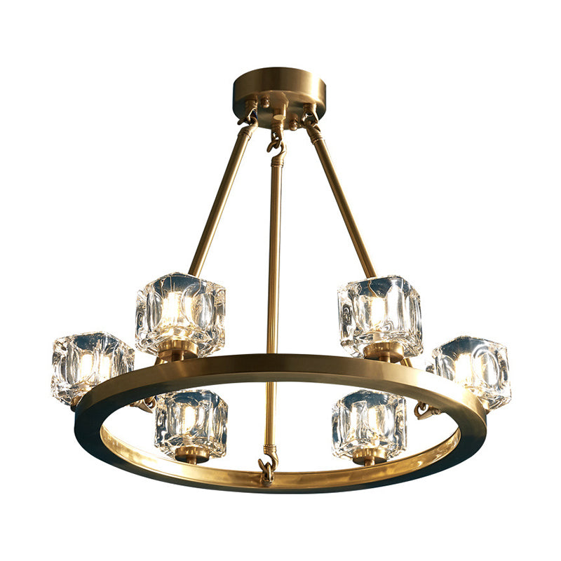 Ice Cube Crystal Hanging Chandelier Mid-Century 6 Bulbs Bedroom Pendant Light in Brass