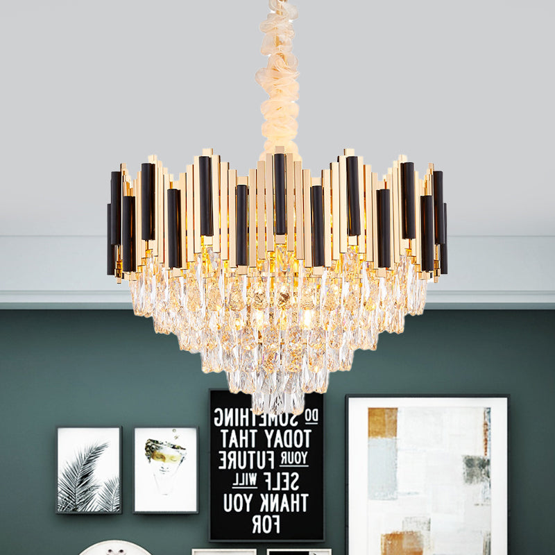 6-Light Crystal Prism Chandelier Modern Black-Gold Cone Living Room Ceiling Pendant Lamp