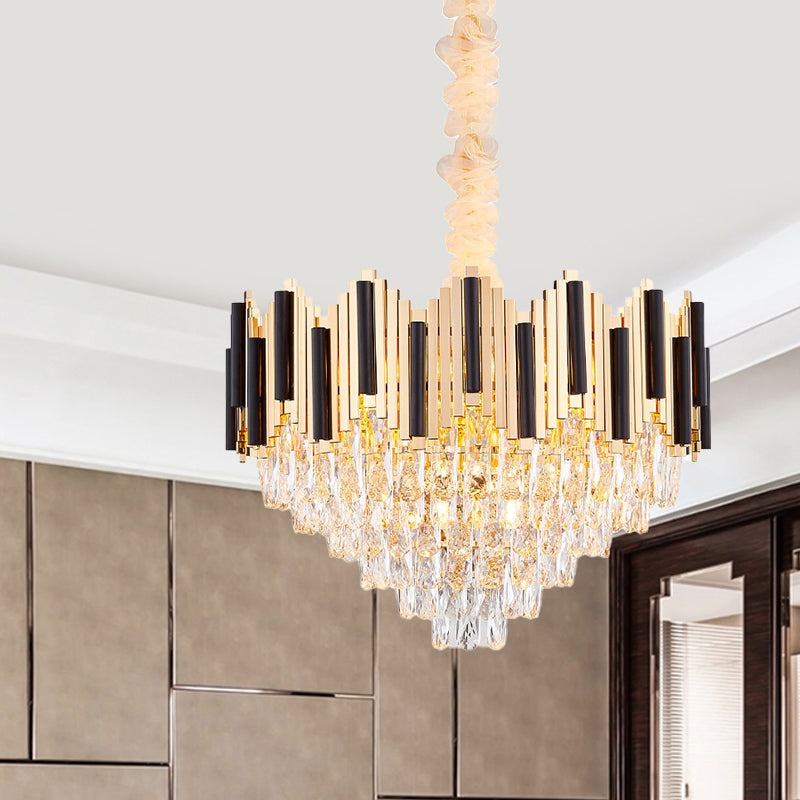 6-Light Crystal Prism Chandelier Modern Black-Gold Cone Living Room Ceiling Pendant Lamp
