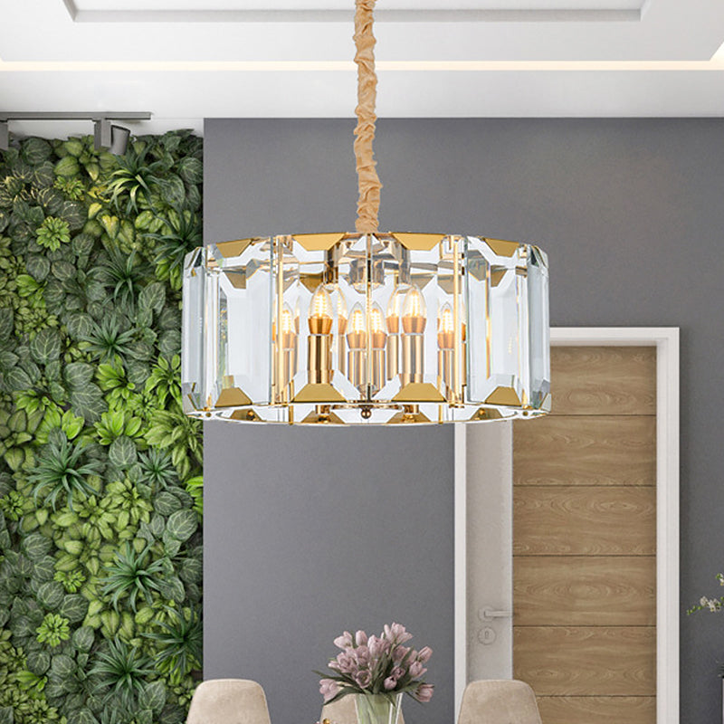 Clear Crystal Paneled Drum Pendant Lamp Modern Style 6 Lights Dining Room Chandelier Light