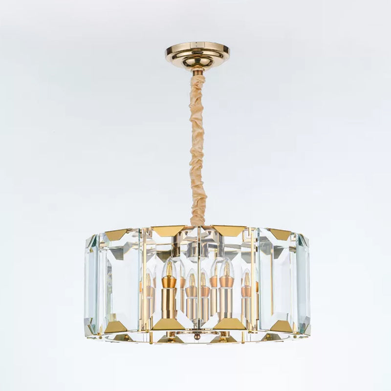 Clear Crystal Paneled Drum Pendant Lamp Modern Style 6 Lights Dining Room Chandelier Light