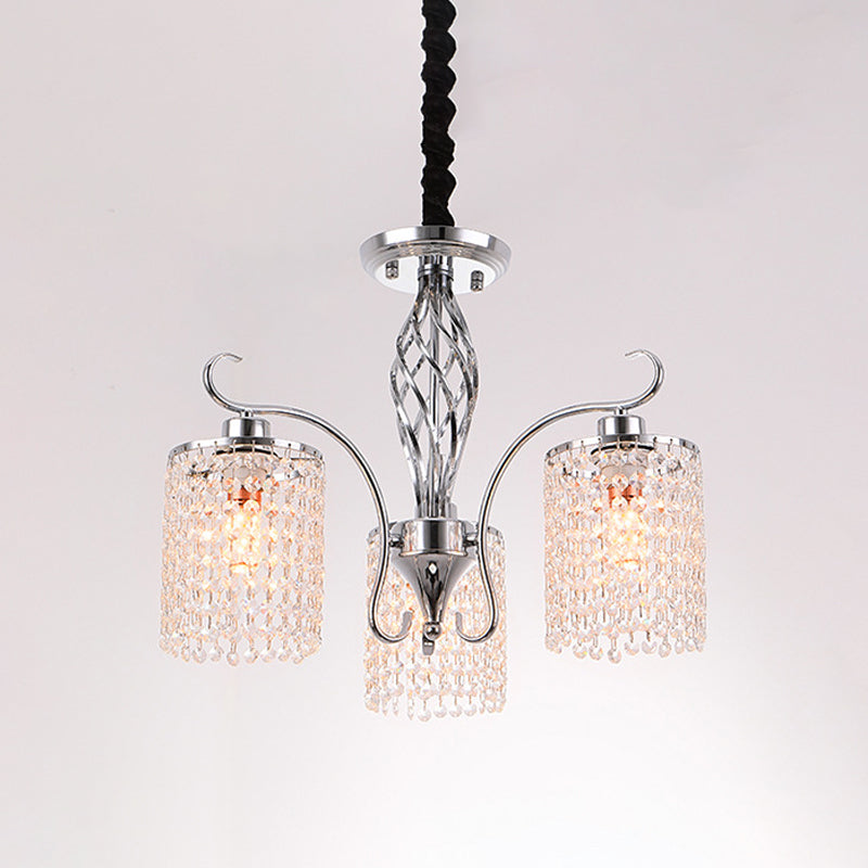Chrome 3/5-Head Hanging Pendant Light Modern Crystal Strand Cylindrical Chandelier Lamp
