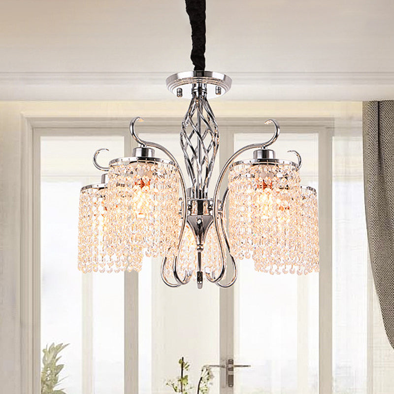 Chrome 3/5-Head Hanging Pendant Light Modern Crystal Strand Cylindrical Chandelier Lamp