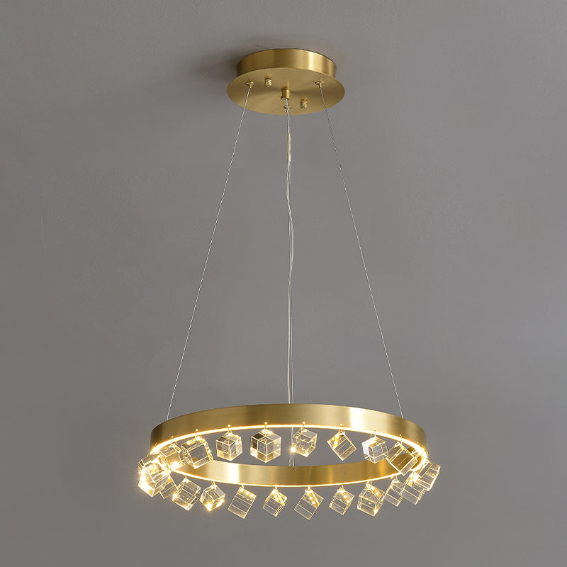 Loop Kitchen Dinette Chandelier Minimalistic Metal Gold Finish LED Pendant Light with Dangling Crystal Cube