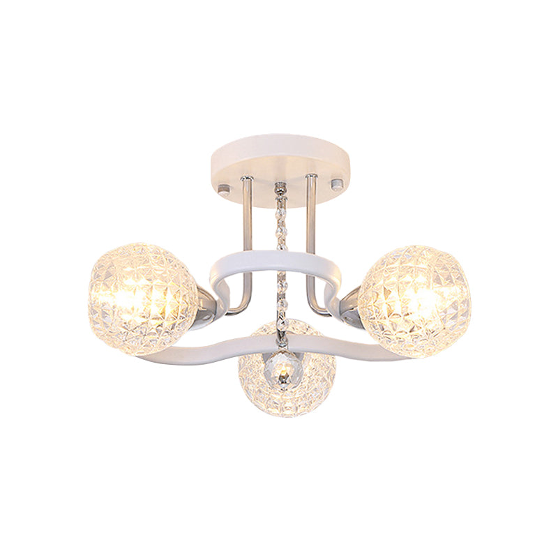 Clear Lattice Glass Ball Semi Flush Modernism 3/5 Lights Bedroom Ceiling Mounted Light in White