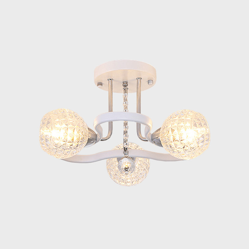 Clear Lattice Glass Ball Semi Flush Modernism 3/5 Lights Bedroom Ceiling Mounted Light in White