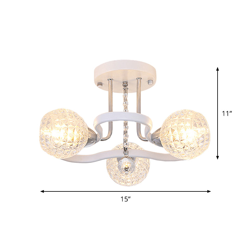 Clear Lattice Glass Ball Semi Flush Modernism 3/5 Lights Bedroom Ceiling Mounted Light in White