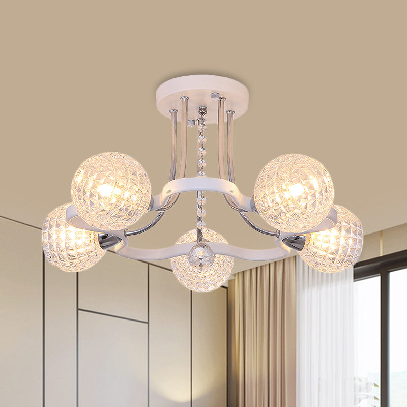 Clear Lattice Glass Ball Semi Flush Modernism 3/5 Lights Bedroom Ceiling Mounted Light in White