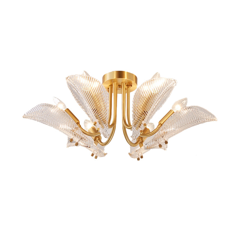 6 Heads Transparent Glass Ceiling Lamp Postmodern Brass Leaf Bedroom Semi Flush Mount Light